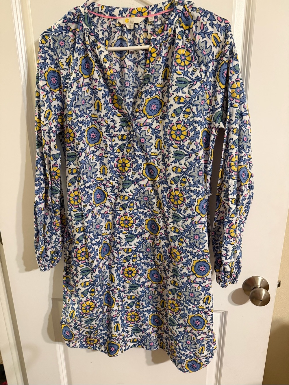 Boden Printed V-Neck Long Sleeve Women’s Dress in Blue & Yellow